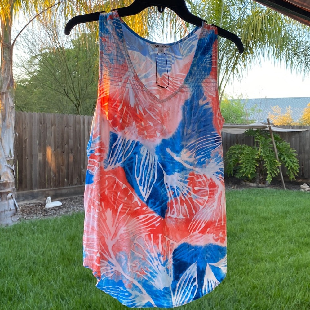 Nic +Zoe tank top, tropical blue and orange, size S